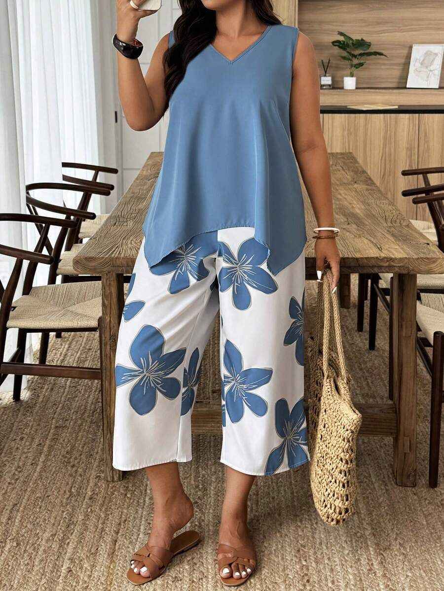 Women's Printed Cropped Pants Set for Casual Elegance