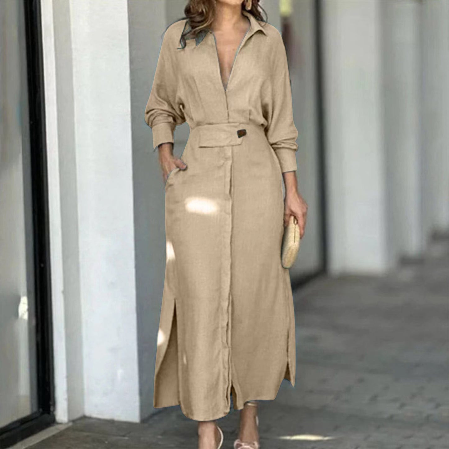 Vestido de manga larga con cuello en V y solapa para mujer