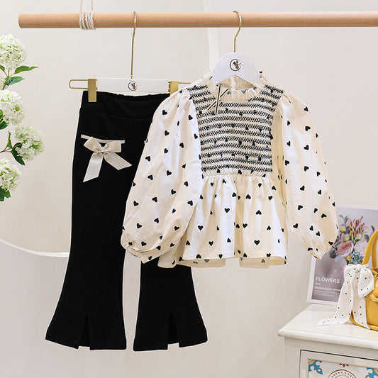 Girl Bow Heart Outfit - Cotton Two-Piece Shirt and Flared Pants Set for Girls