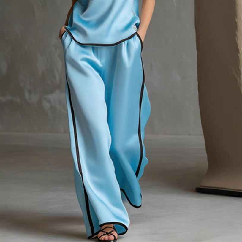 Sleeveless V-Neck Black Trim Contrast Color Simple Womens Top And Wide-Leg Pants Set