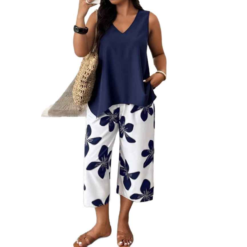 Women's Printed Cropped Pants Set for Casual Elegance