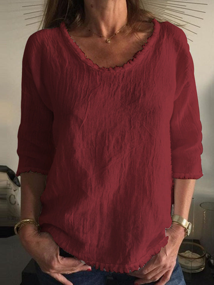 Round Neck Cotton Tassel Top with Three-Quarter Sleeves