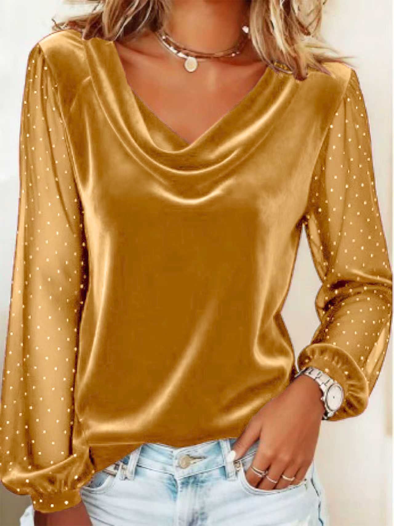 Women's Velvet Blouse Long Sleeve Diamond Mesh V-neck Design