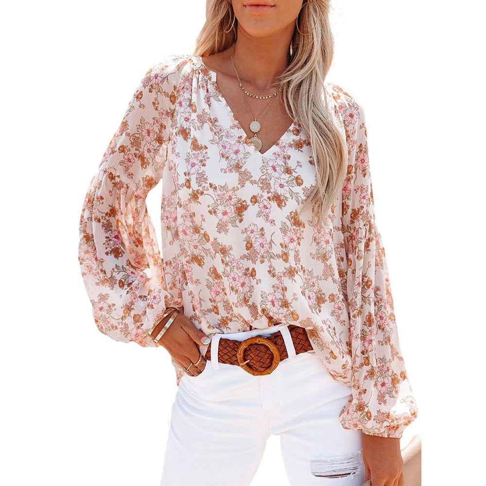 Lantern Sleeve Floral Chiffon Shirt for Women