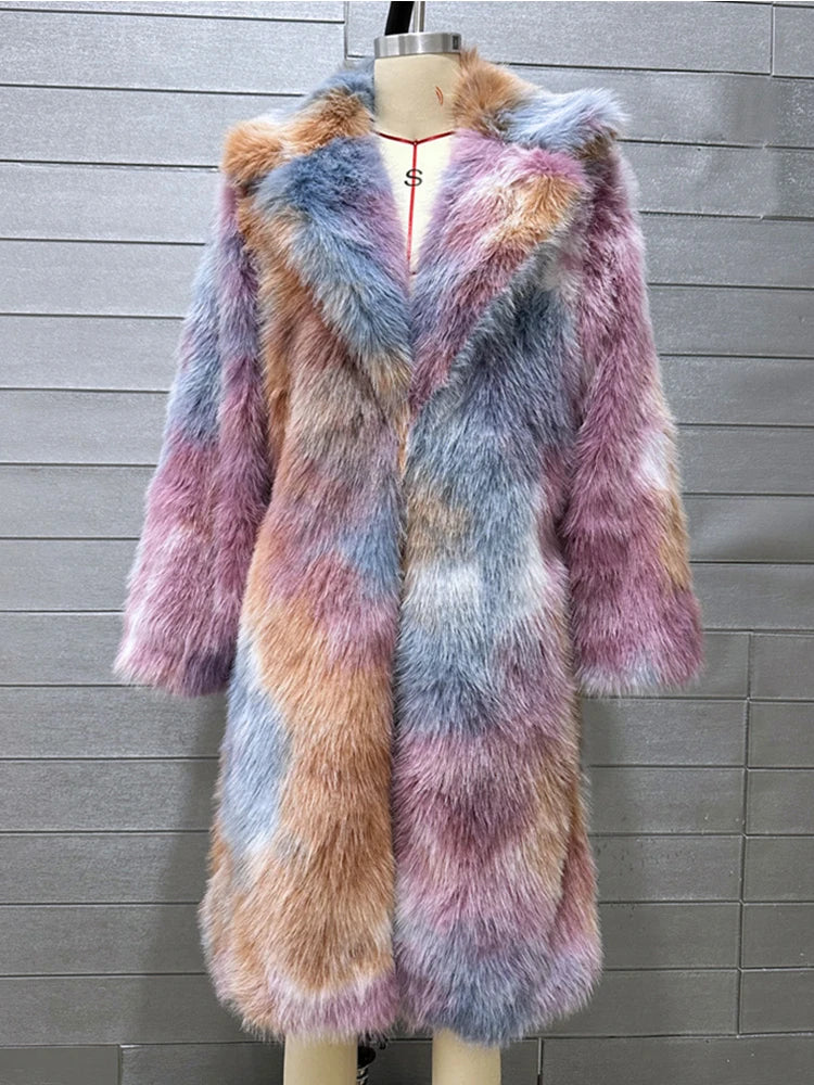 Multi Color Luxury Lapel Faux Fox Fur Long Coat - Neon North Clothing
