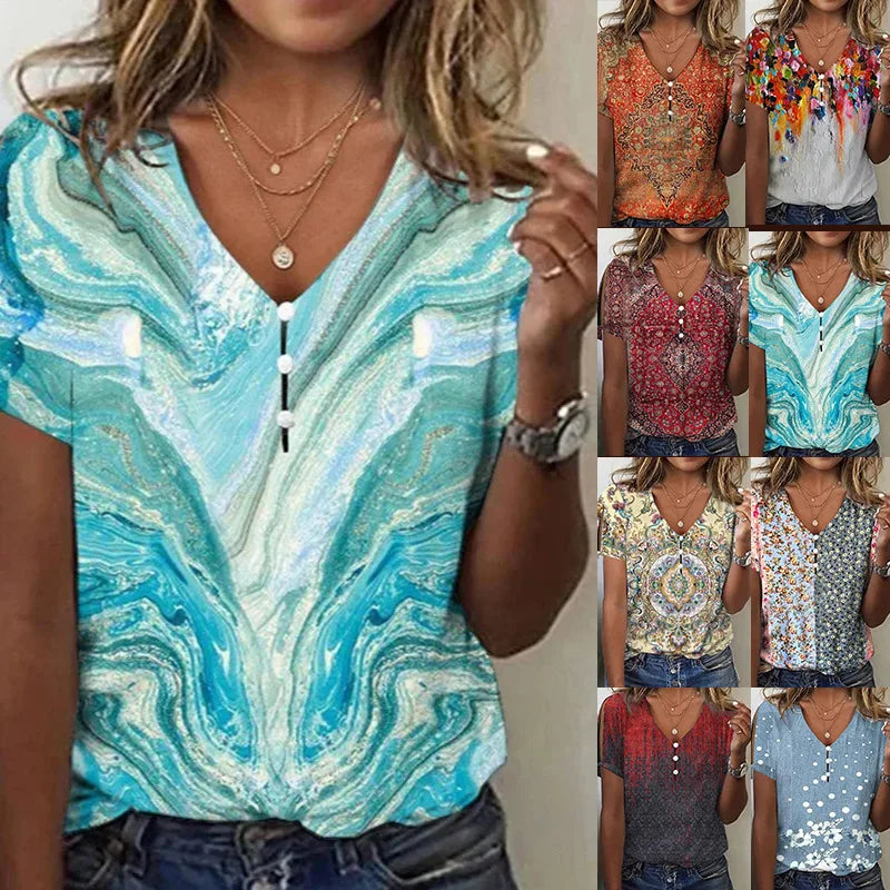 V Neck Vintage Top Short Sleeves Button Streetwear Top - Neon North Clothing
