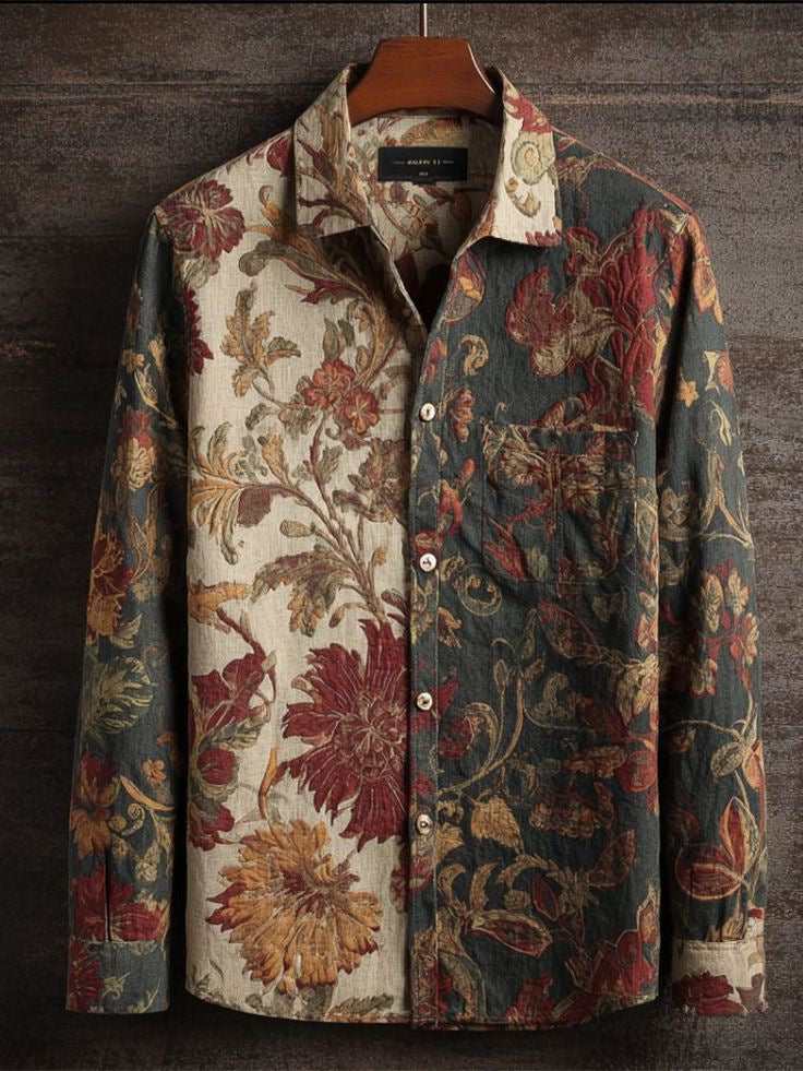 Retro Floral Long-Sleeve Shirt for Men – Casual American-Style Loose-Fitting Print