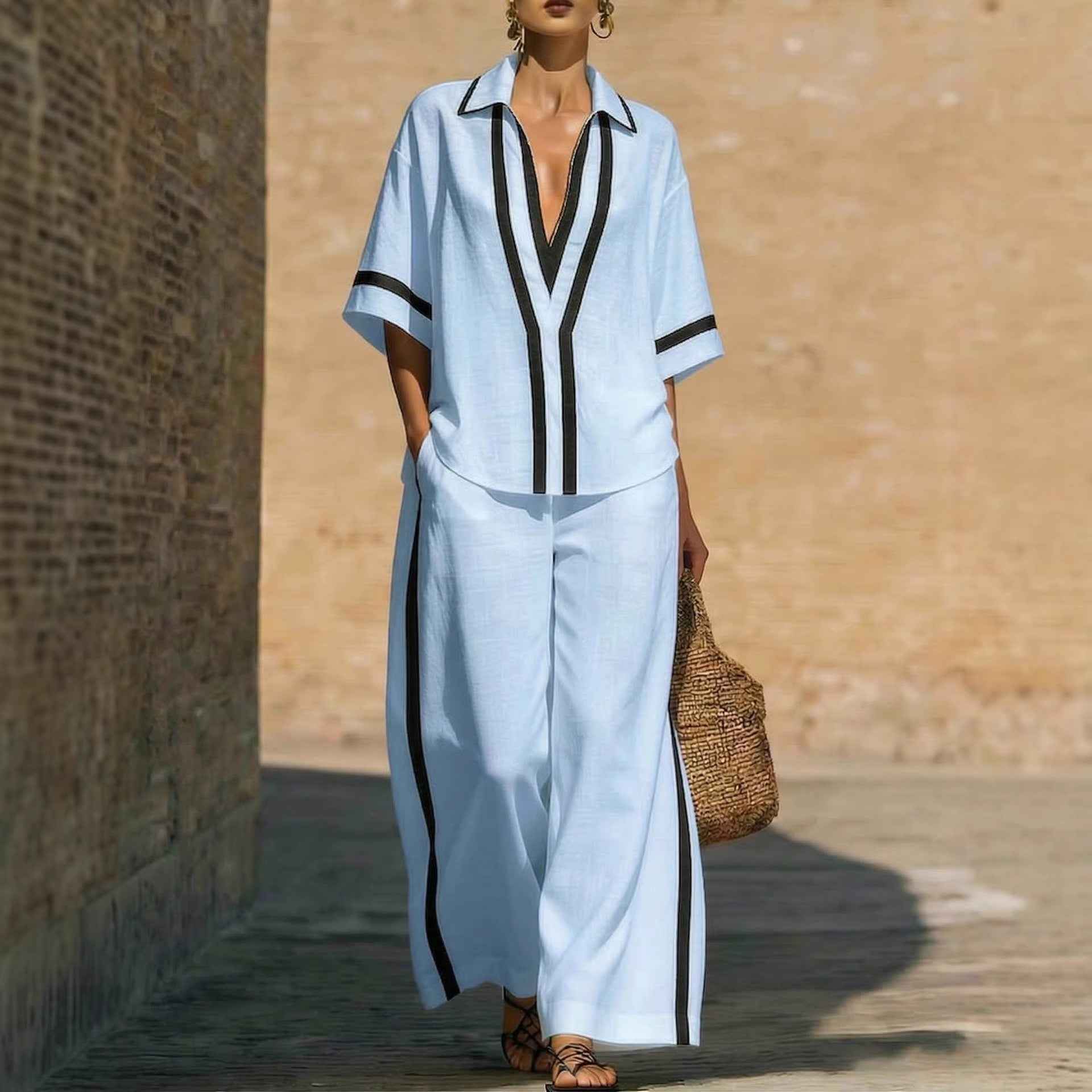 Fashionable Color-Block Two-Piece Set: Casual Short-Sleeve Shirt and Wide-Leg Pants