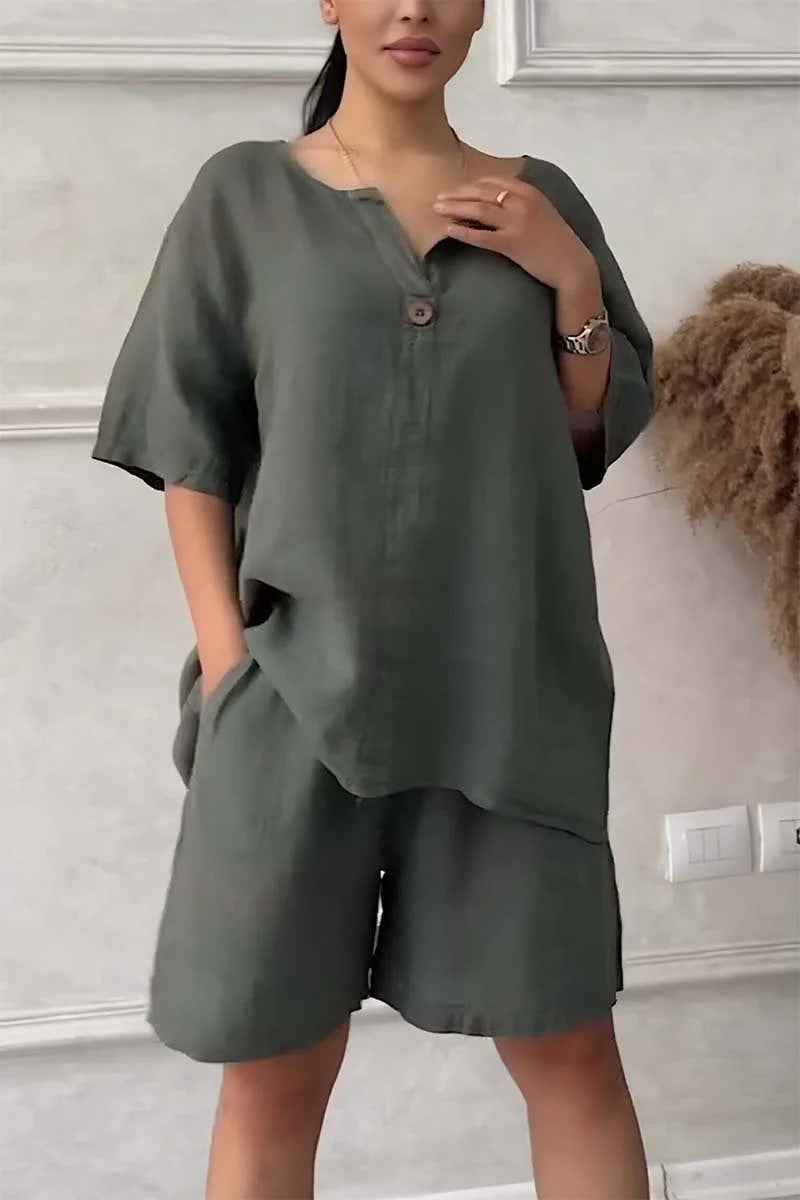 Cotton-linen Shirt Set with Shorts for Women - High-waisted Loose Style