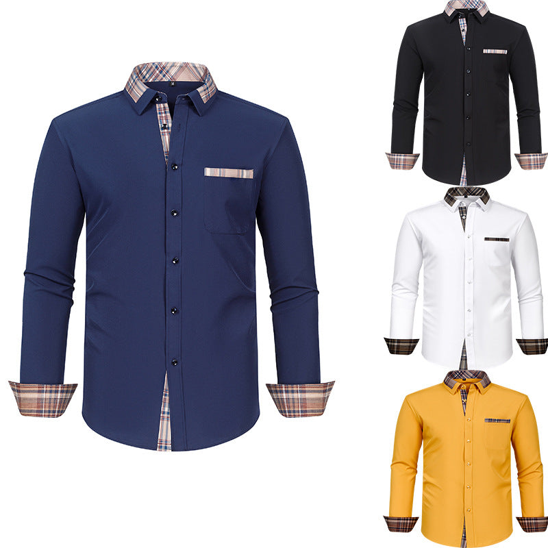 Mens Long Sleeve Shirt Patchwork Collar with Plaid Design for Stylish Comfort
