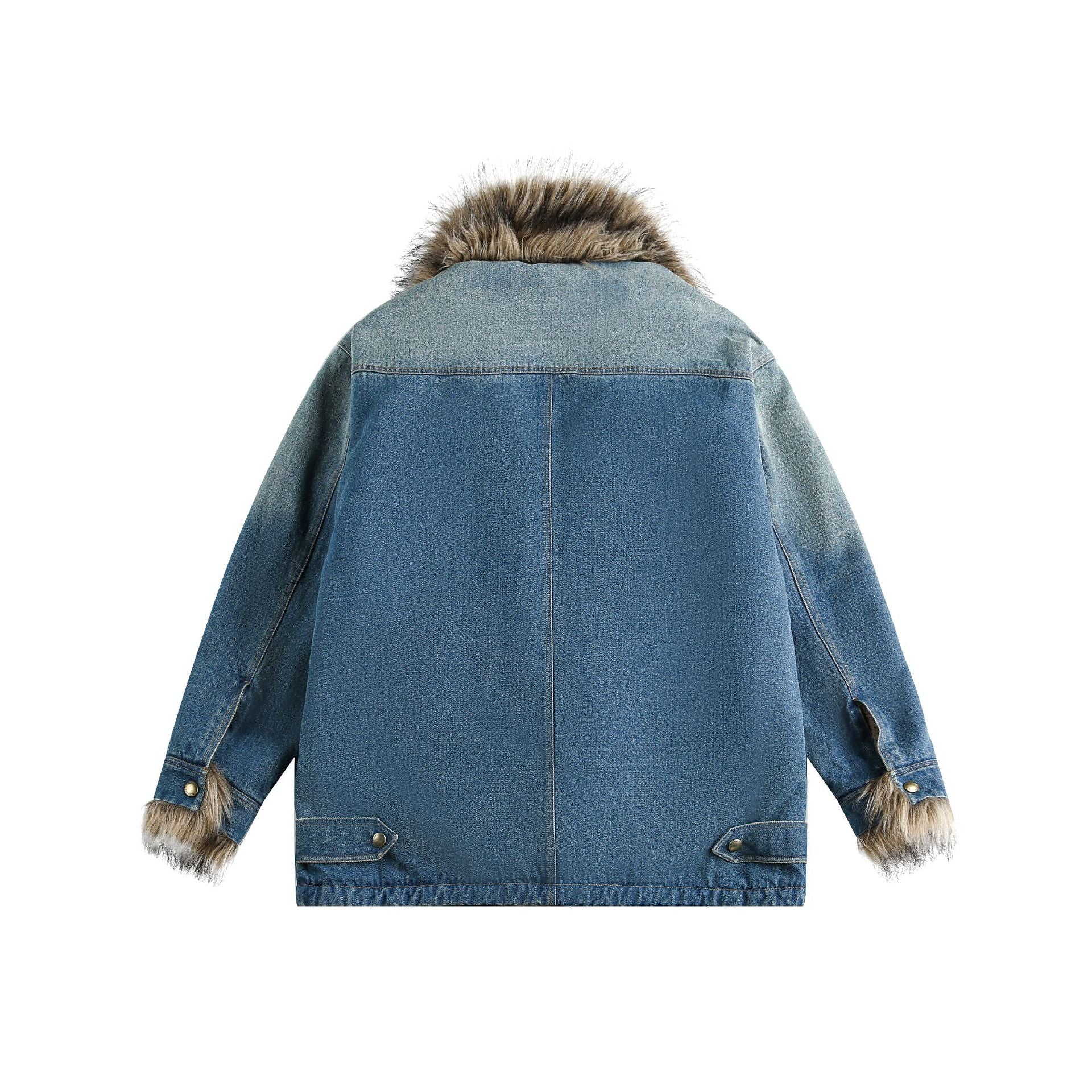 Washed Denim Warm Trucker Jacket with Fur Collar - Neon North Clothing