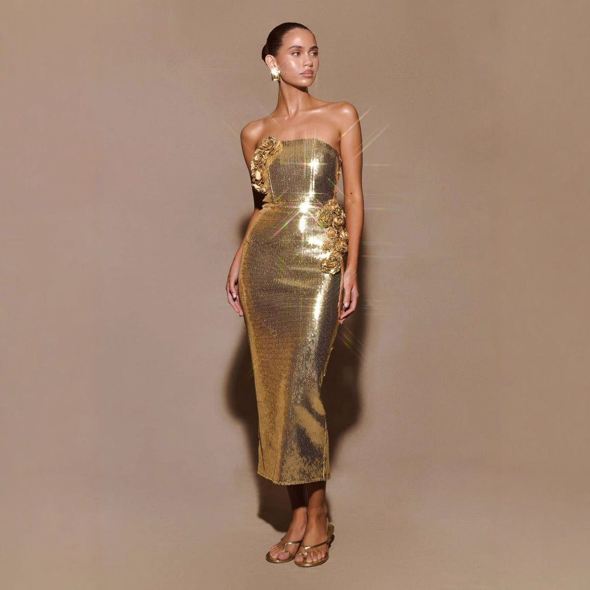 Womens Floral Tube Dress with Golden 3D Design for an Elegant Summer Look - Neon North Clothing