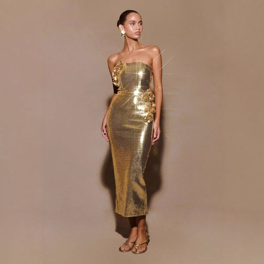 Womens Floral Tube Dress with Golden 3D Design for an Elegant Summer Look - Neon North Clothing