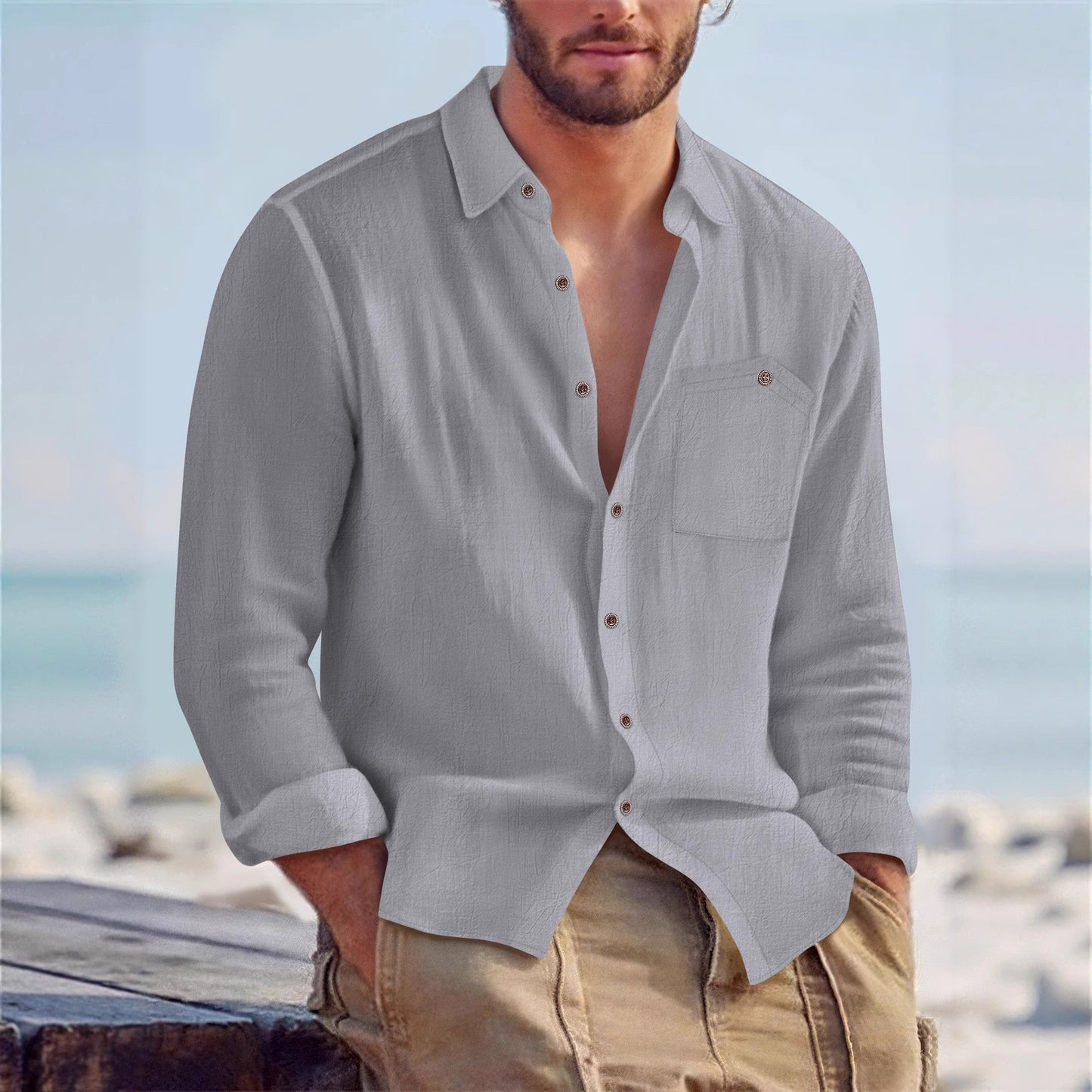 Mens Linen Cardigan Shirt - Solid Color Lapel Loose Fit for Effortless Style