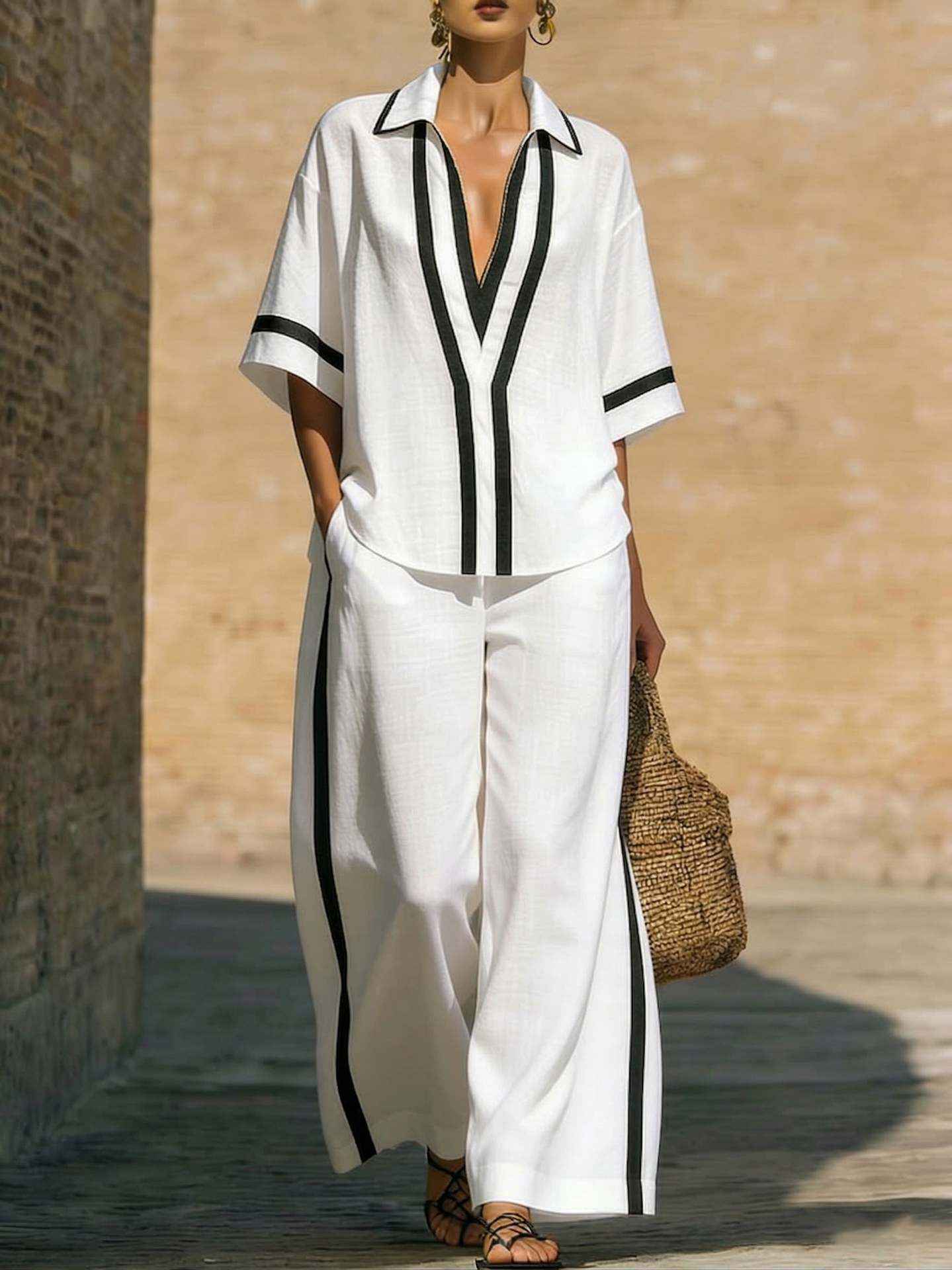 Fashionable Color-Block Two-Piece Set: Casual Short-Sleeve Shirt and Wide-Leg Pants