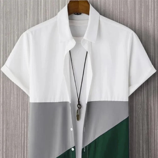 Trendy Men's Casual Breathable Shirt with Stand Collar and Short Sleeves