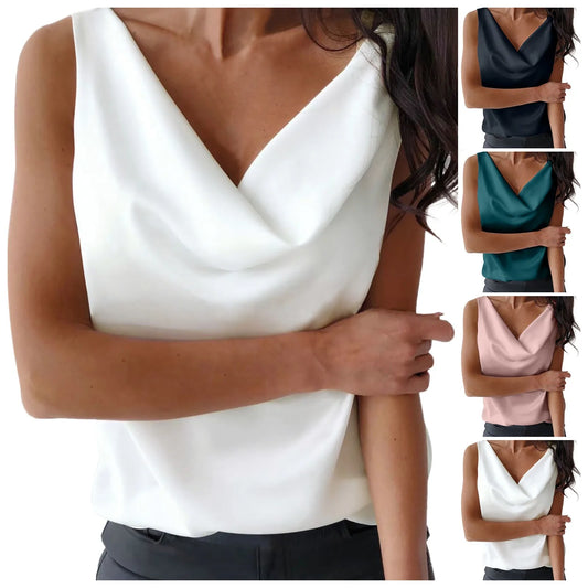 Women Silk Satin Tank Cowl Neck  Blouse - Neon North Clothing