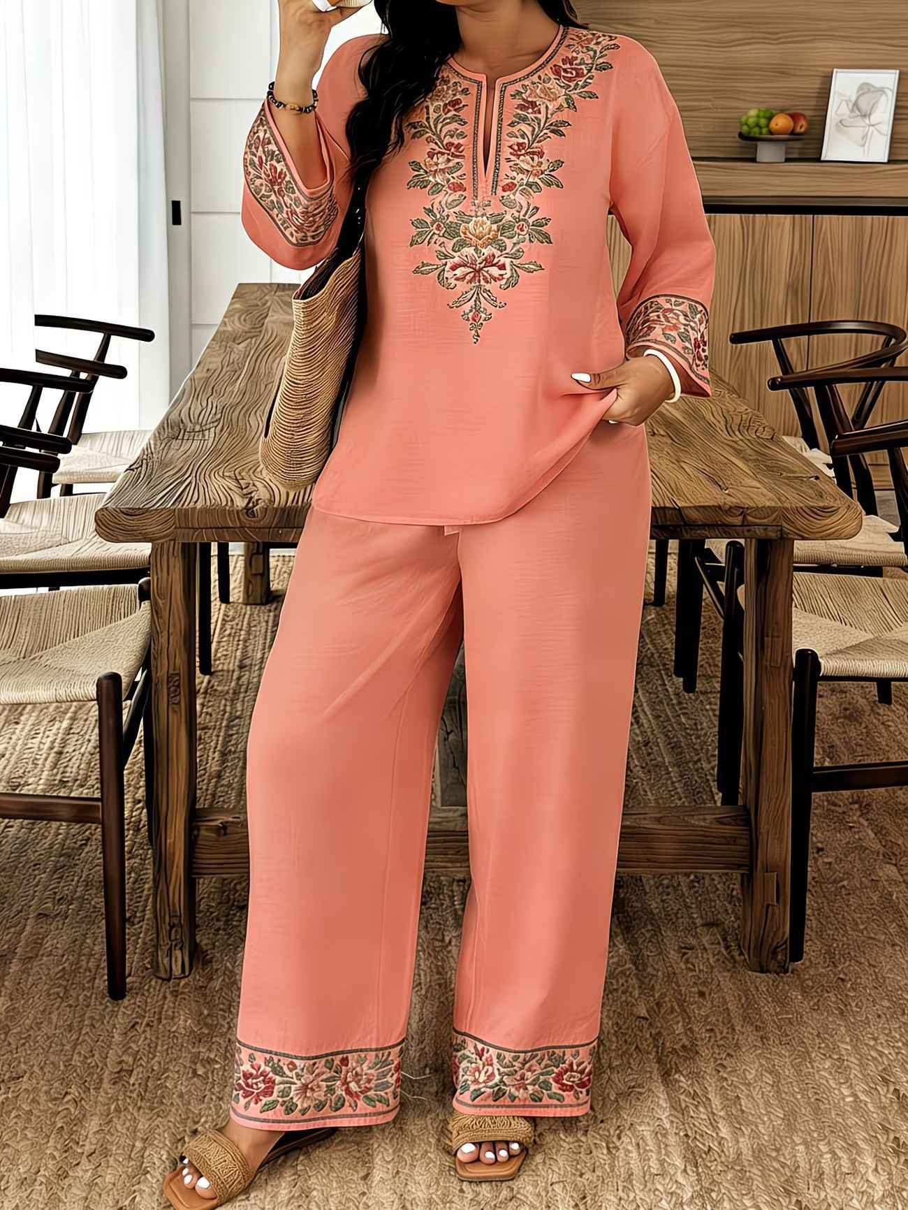 Middle Eastern Lace Floral Set - Elegant Long-sleeve Ethnic-style Fashion