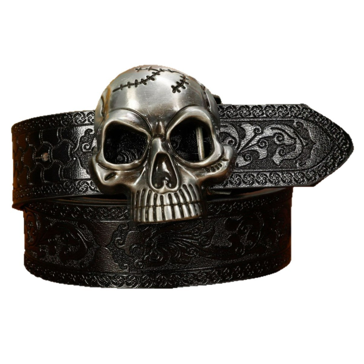 Simple Black PU Embossed Vintage Hollow Skull Belt - Stylish Black Skull Belt for Unique Fashion - Neon North Clothing