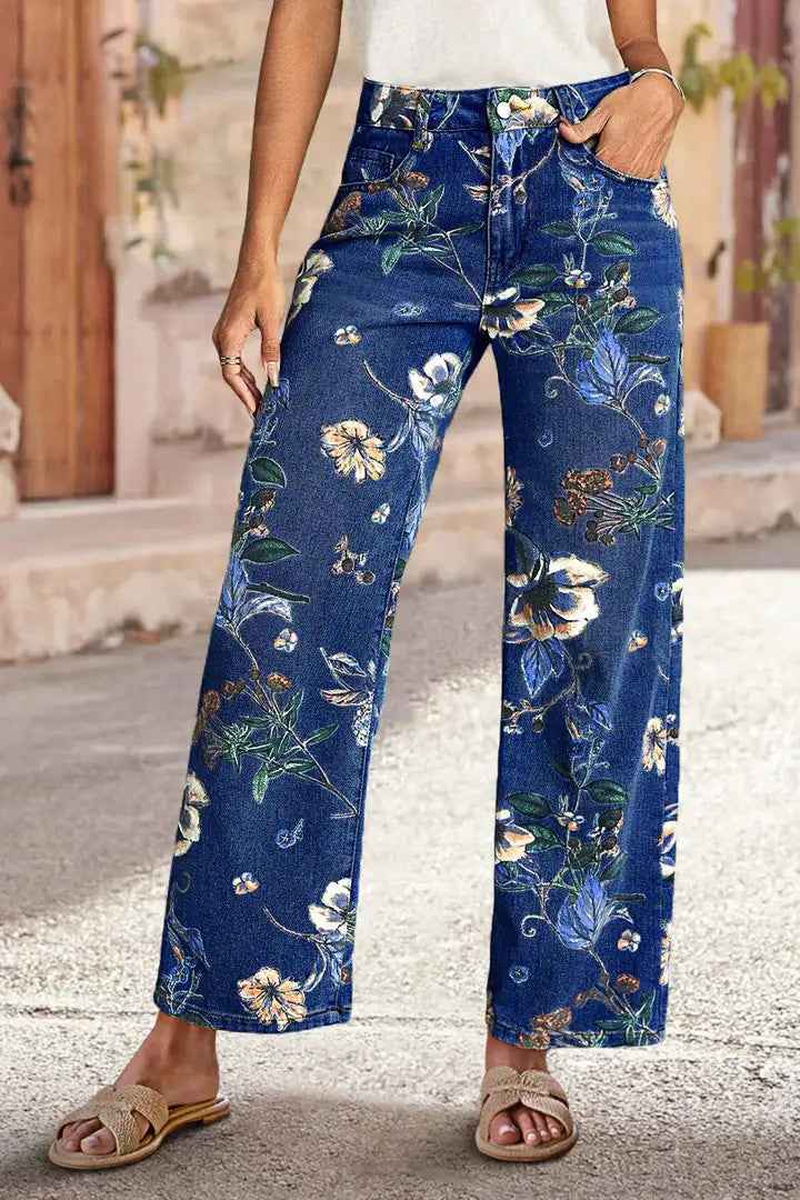 High Waist Floral Jeans - Vintage Floral Print Straight Leg Denim Pants