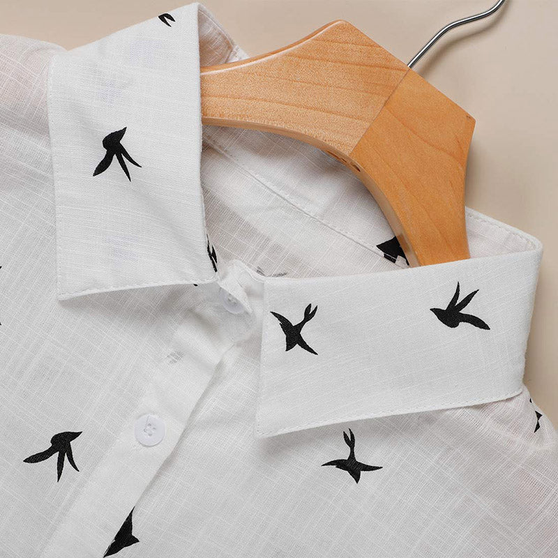 Bird's Print Blouse - Long Sleeve Loose Casual Style - Neon North Clothing