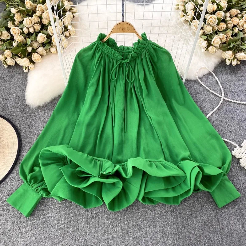 O-neck Long Sleeve Chiffon Ruffles Blouse - Neon North Clothing