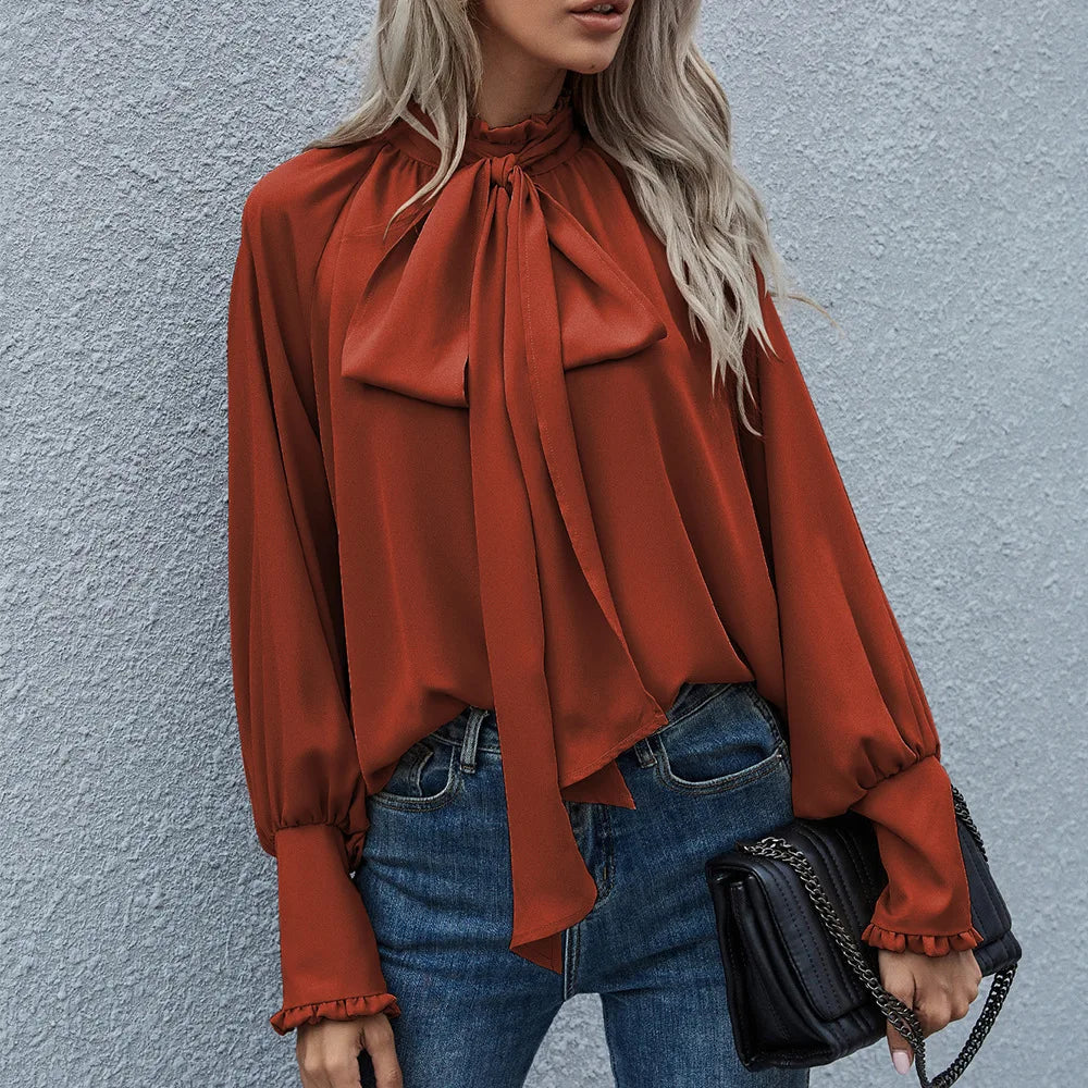 High Collar Bow Tie Long Sleeve Casual Loose Versatile Round Neck Top - Neon North Clothing