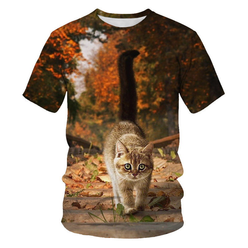 Digital Print Short Sleeve Cute Cat Men's T-shirt - Neon North Clothing