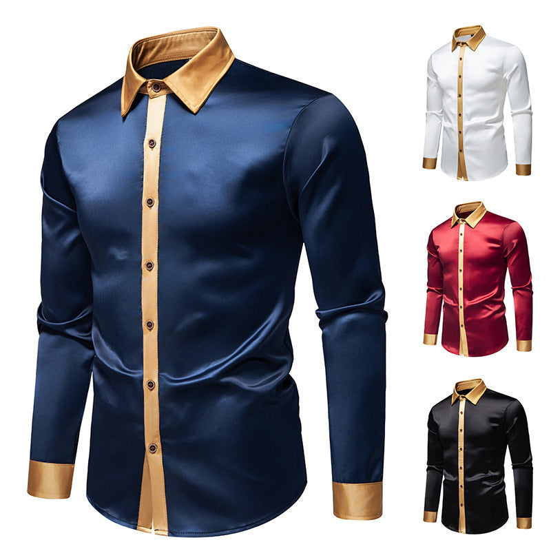 Mens Satin Colorblock Shirt - Slim Fit Long Sleeve Stylish Design