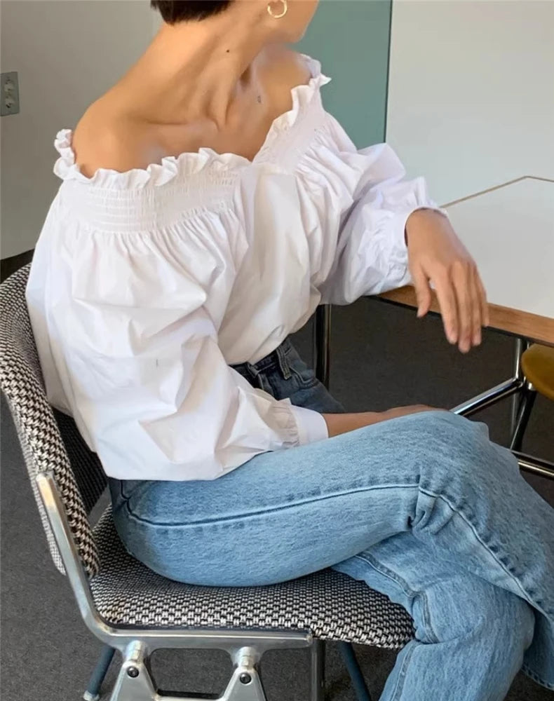Off Shoulder Blouse with Lantern Sleeves for Effortless Style - Neon North Clothing