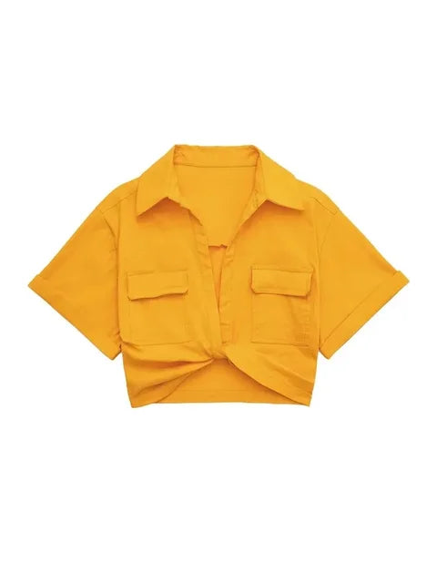 Chic Vintage Cropped Blouse with Front Knot, Elastic Linen, Short Sleeve, and Patch Pockets - Neon North Clothing