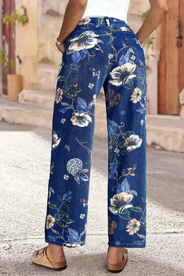 High Waist Floral Jeans - Vintage Floral Print Straight Leg Denim Pants