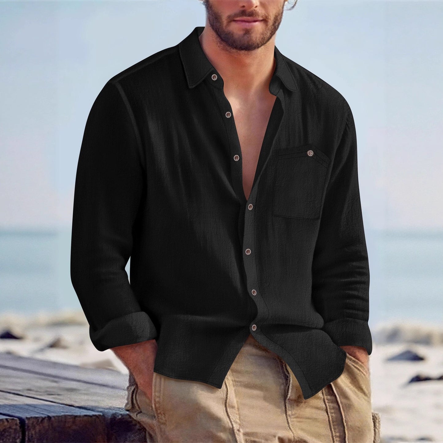 Mens Linen Cardigan Shirt - Solid Color Lapel Loose Fit for Effortless Style