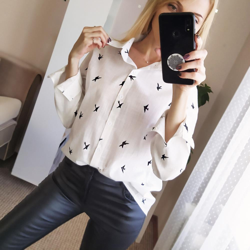 Bird's Print Blouse - Long Sleeve Loose Casual Style - Neon North Clothing
