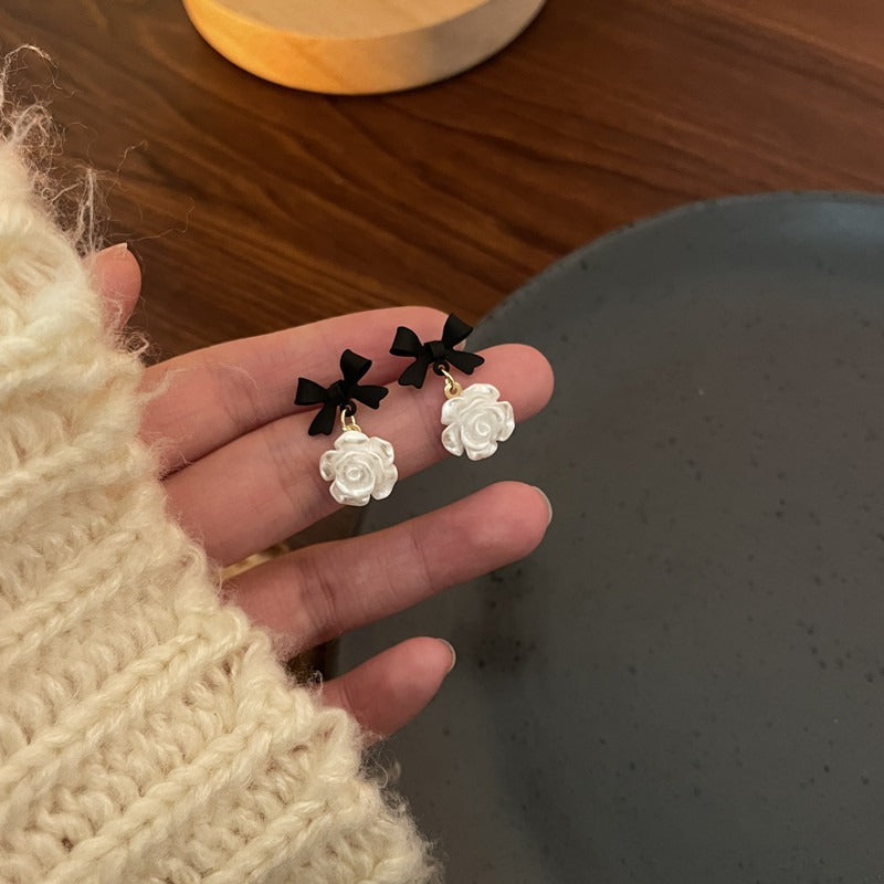 Silver Needle Flower Bow Earrings for Women - Neon North Clothing