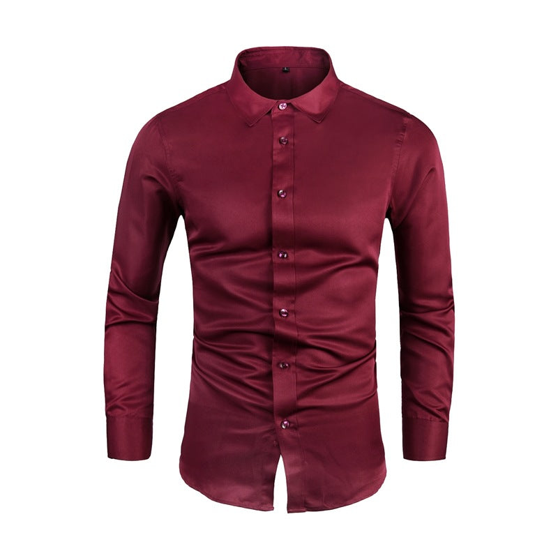 Long-sleeve Plus-size Business Shirt with Lapel Collar - Slim Fit Solid Color