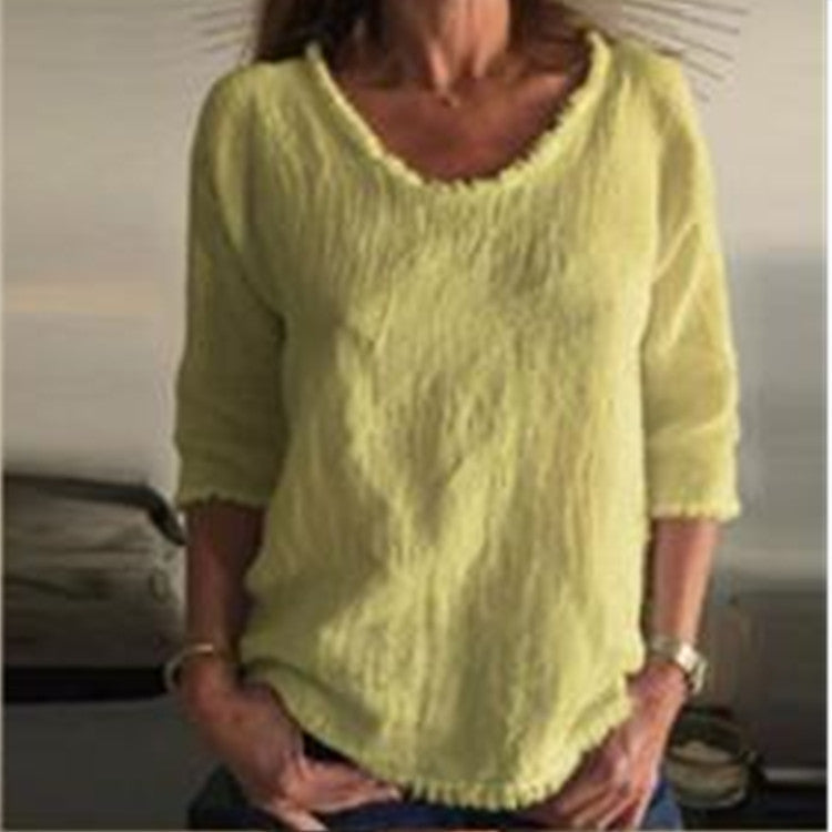 Round Neck Cotton Tassel Top with Three-Quarter Sleeves