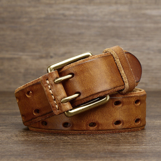 Men's Retro Cowhide Belt - Casual Free Pin Punch First Layer Leather in Wine Red - Neon North Clothing