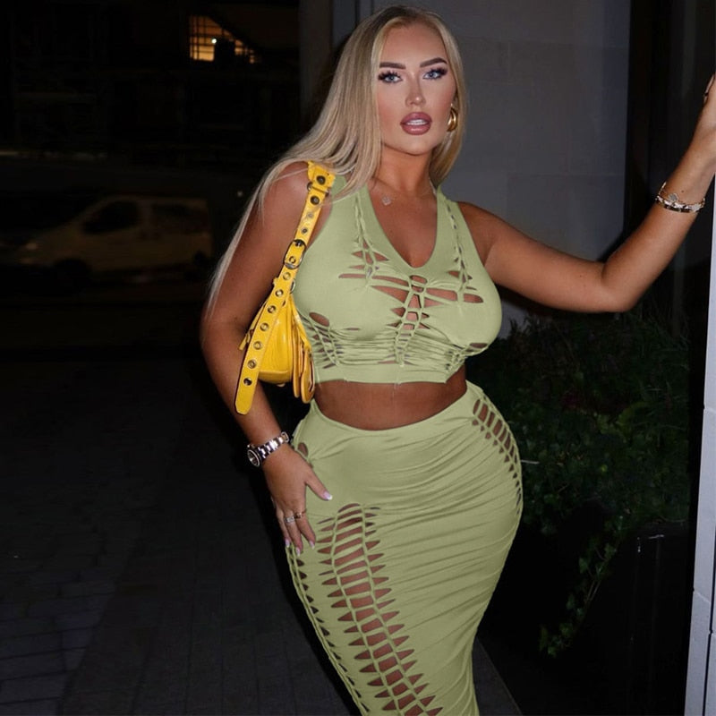 Crop Tank Top Long Skirt Set - Stylish Two Piece Matching Outfit - Neon North Clothing