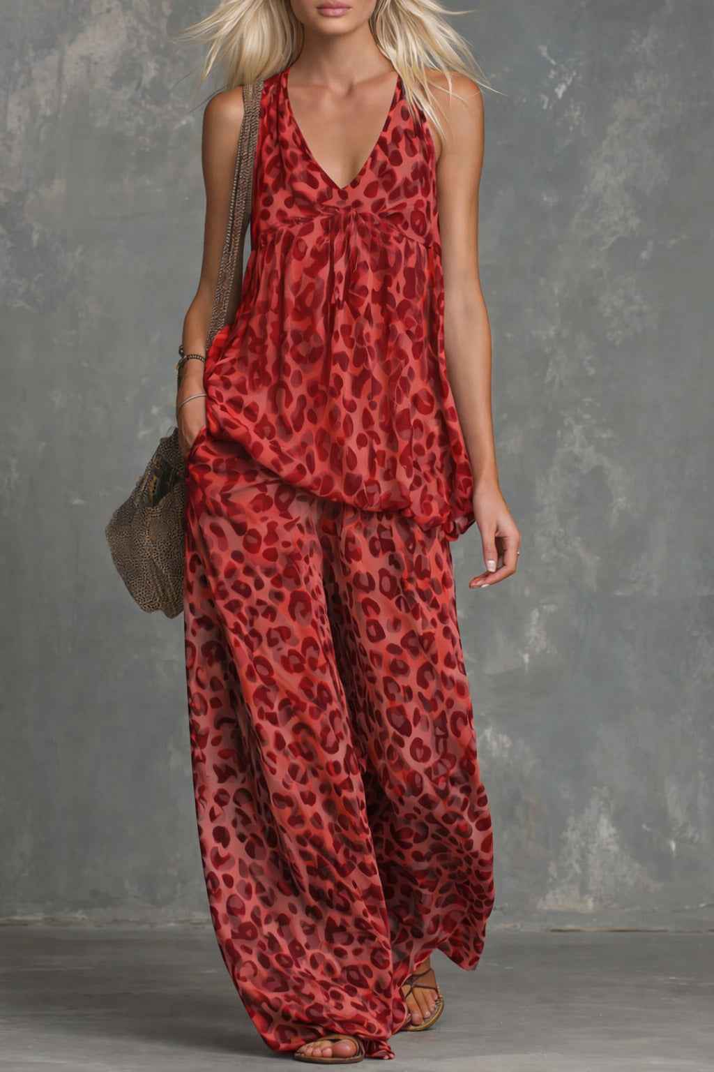 Womens Loose-Fitting Leopard Print Women's Clothing Set with Sleeveless Top and Chiffon Pants