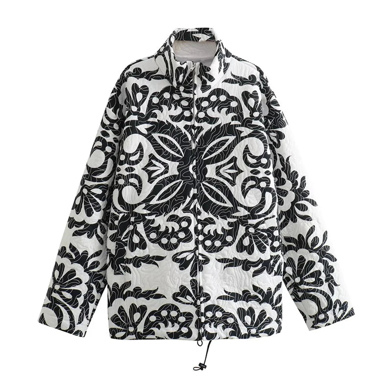 Women Black and White Printed Quilted Cotton Parka Jacket - Neon North Clothing