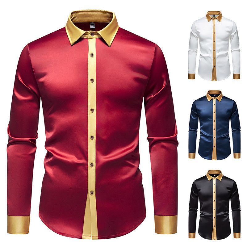 Mens Satin Colorblock Shirt - Slim Fit Long Sleeve Stylish Design