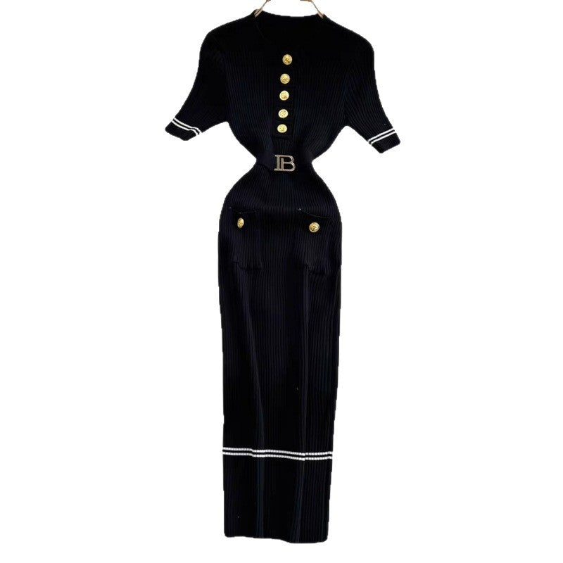 Chic Dress with Round Neck, Belted Waist and Fitted Bodycon - Neon North Clothing