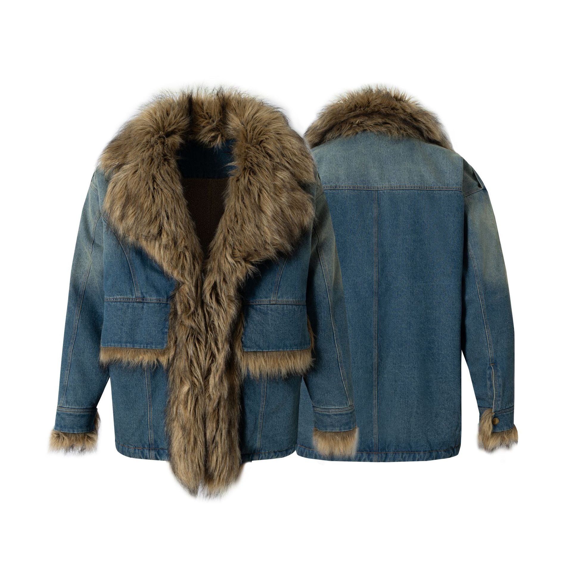 Washed Denim Warm Trucker Jacket with Fur Collar - Neon North Clothing