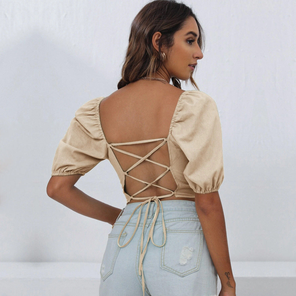 Square Neck Cotton Blouse with Open Back and Strappy Design - Neon North Clothing