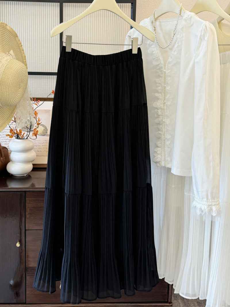 Womens Retro High-Waist Skirt - Elegant Solid-Colored Pleated French-Style Design