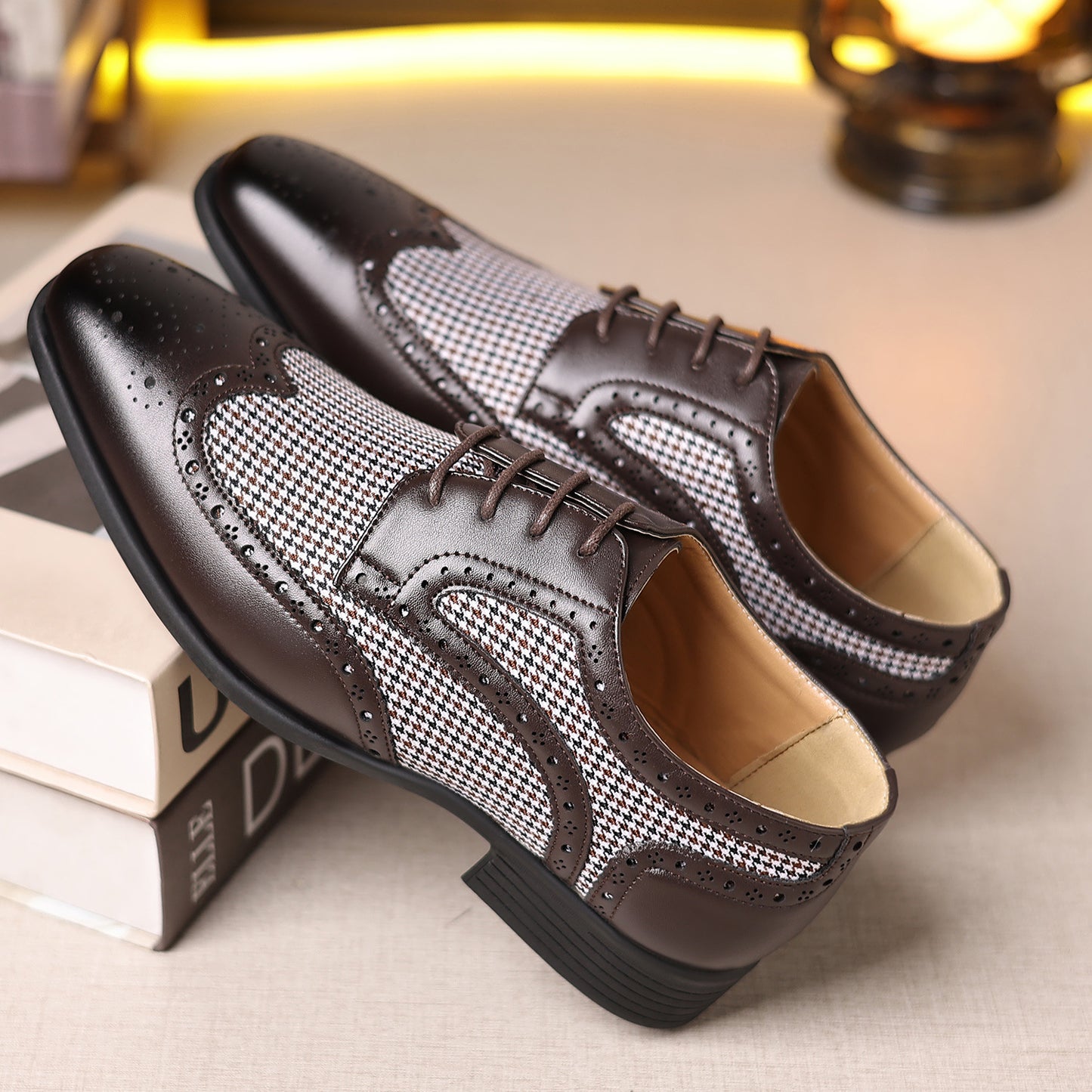 Chaussures homme en cuir décontracté à motif pied-de-poule et carreaux