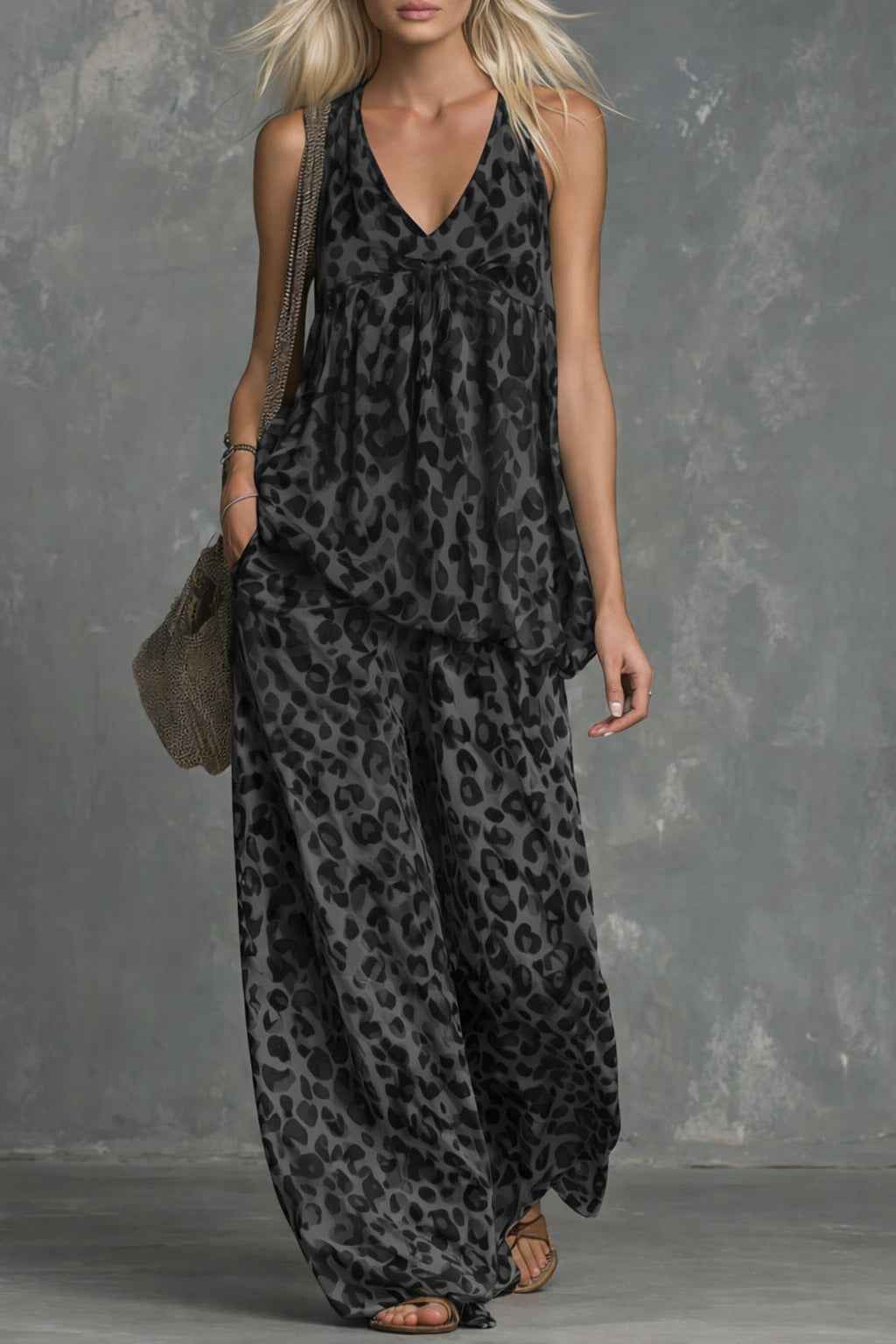 Womens Loose-Fitting Leopard Print Women's Clothing Set with Sleeveless Top and Chiffon Pants