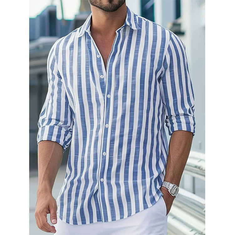 Mens Long-Sleeve Striped Button-Down Shirt - Stylish Slim Fit