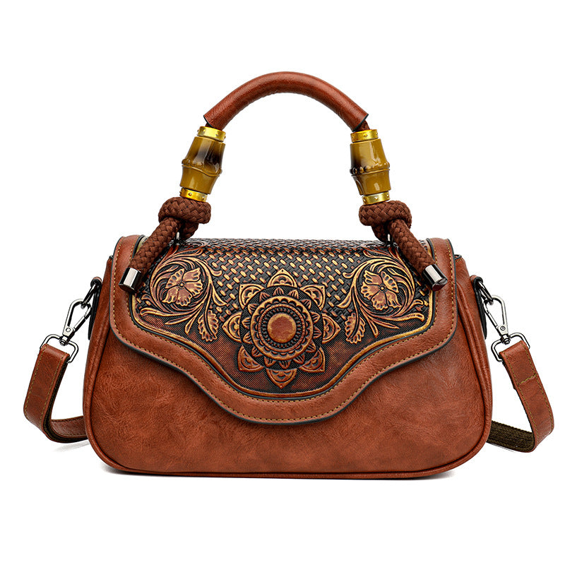 Handcrafted Leather Crossbody Bag with Embossed Retro Design